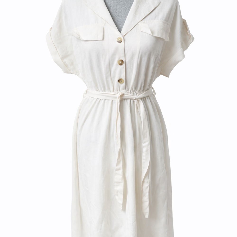 Cassee’s Cream Linen Blend Shirt Dress Elastic Waist Tie Midi Size M (No Tag)